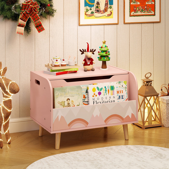 Kids Wooden Toy Box with Front Bookshelf 4 Solid Wood Legs-