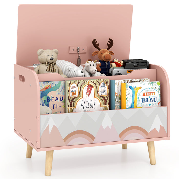 Kids Wooden Toy Box with Front Bookshelf 4 Solid Wood Legs-