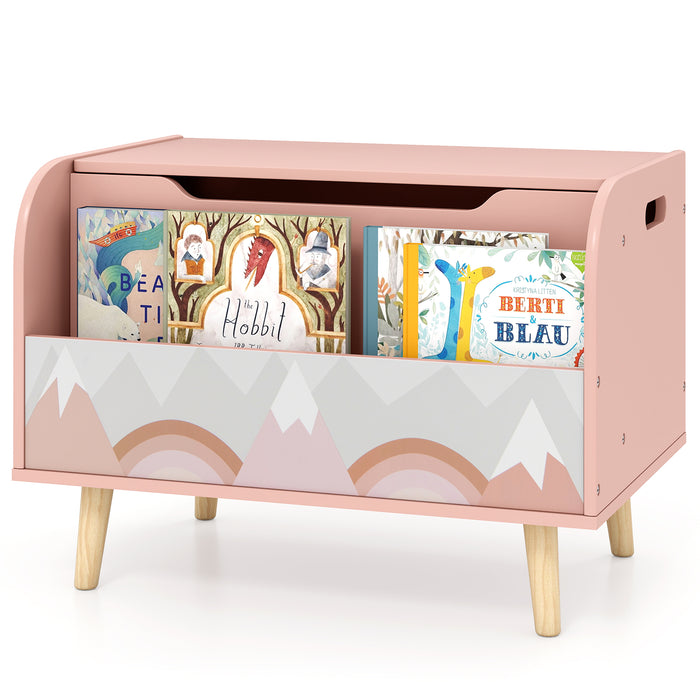 Kids Wooden Toy Box with Front Bookshelf 4 Solid Wood Legs-
