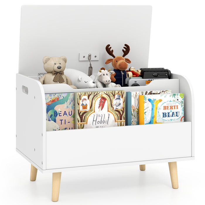 Kids Wooden Toy Box with Front Bookshelf 4 Solid Wood Legs-