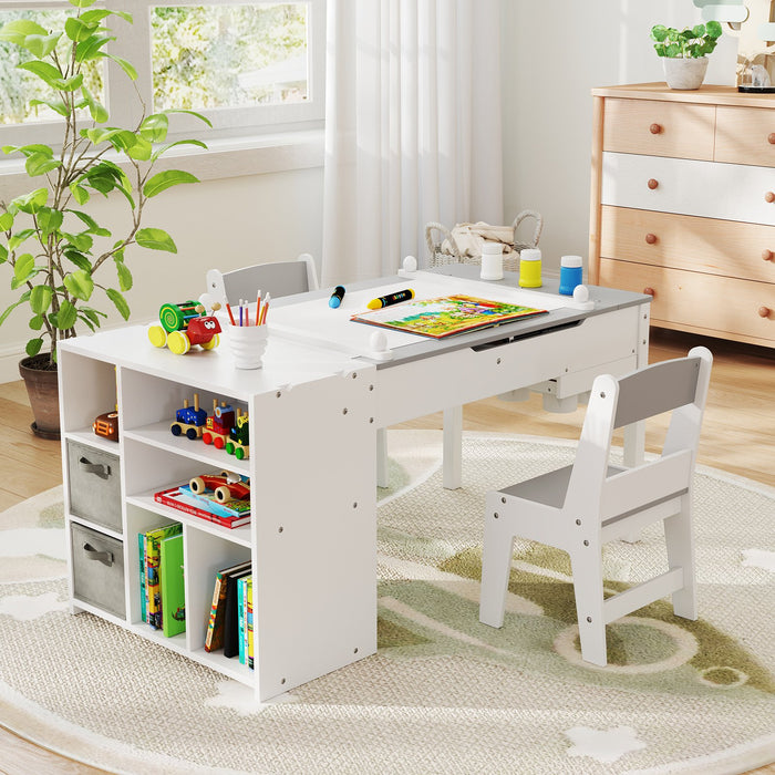 Kids Art Craft Table and Chairs Set with Paper Roll Flip-up Tabletop-