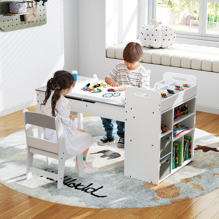 Kids Art Craft Table and Chairs Set with Paper Roll Flip-up Tabletop-