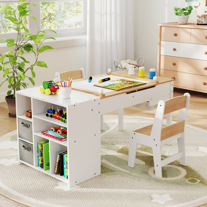 Kids Art Craft Table and Chairs Set with Paper Roll Flip-up Tabletop-