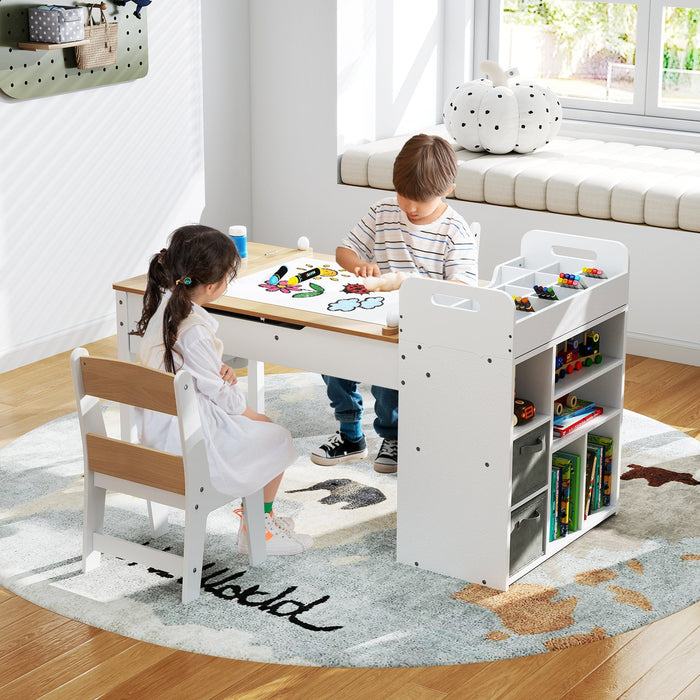 Kids Art Craft Table and Chairs Set with Paper Roll Flip-up Tabletop-
