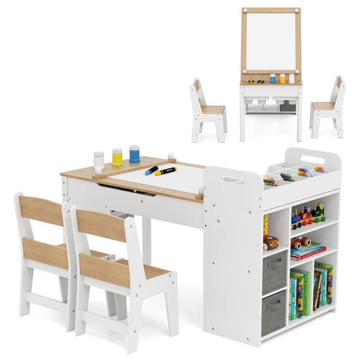 Kids Art Craft Table and Chairs Set with Paper Roll Flip-up Tabletop-