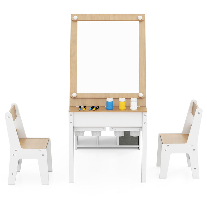 Kids Art Craft Table and Chairs Set with Paper Roll Flip-up Tabletop-