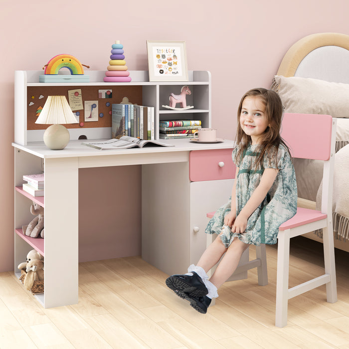 Kids Desk and Chair Set with Chair Hutch and 3-Layer Side Shelf-