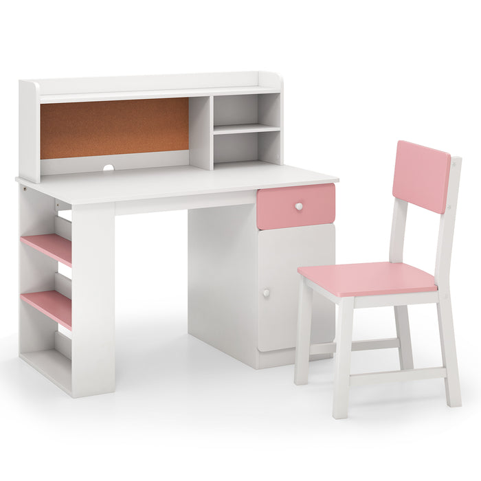 Kids Desk and Chair Set with Chair Hutch and 3-Layer Side Shelf-