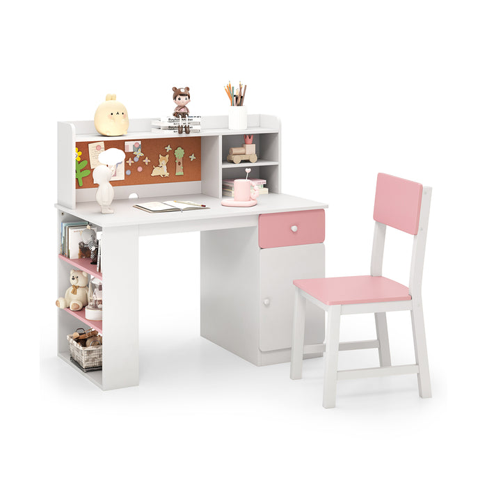 Kids Desk and Chair Set with Chair Hutch and 3-Layer Side Shelf-