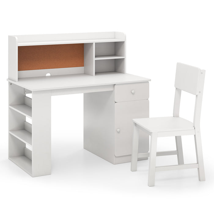 Kids Desk and Chair Set with Chair Hutch and 3-Layer Side Shelf-