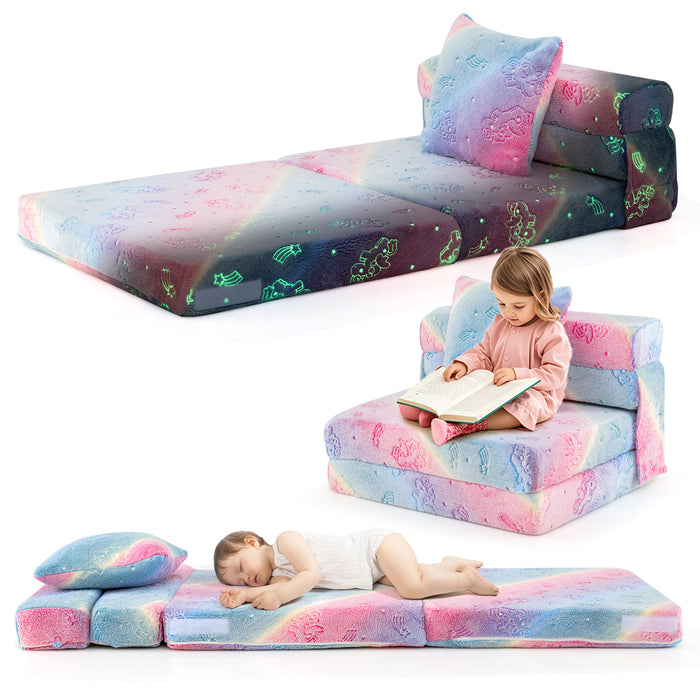 Kids Glow in the Dark Folding Sofa Bed Floor Mattress with Throw Pillow and Cover-