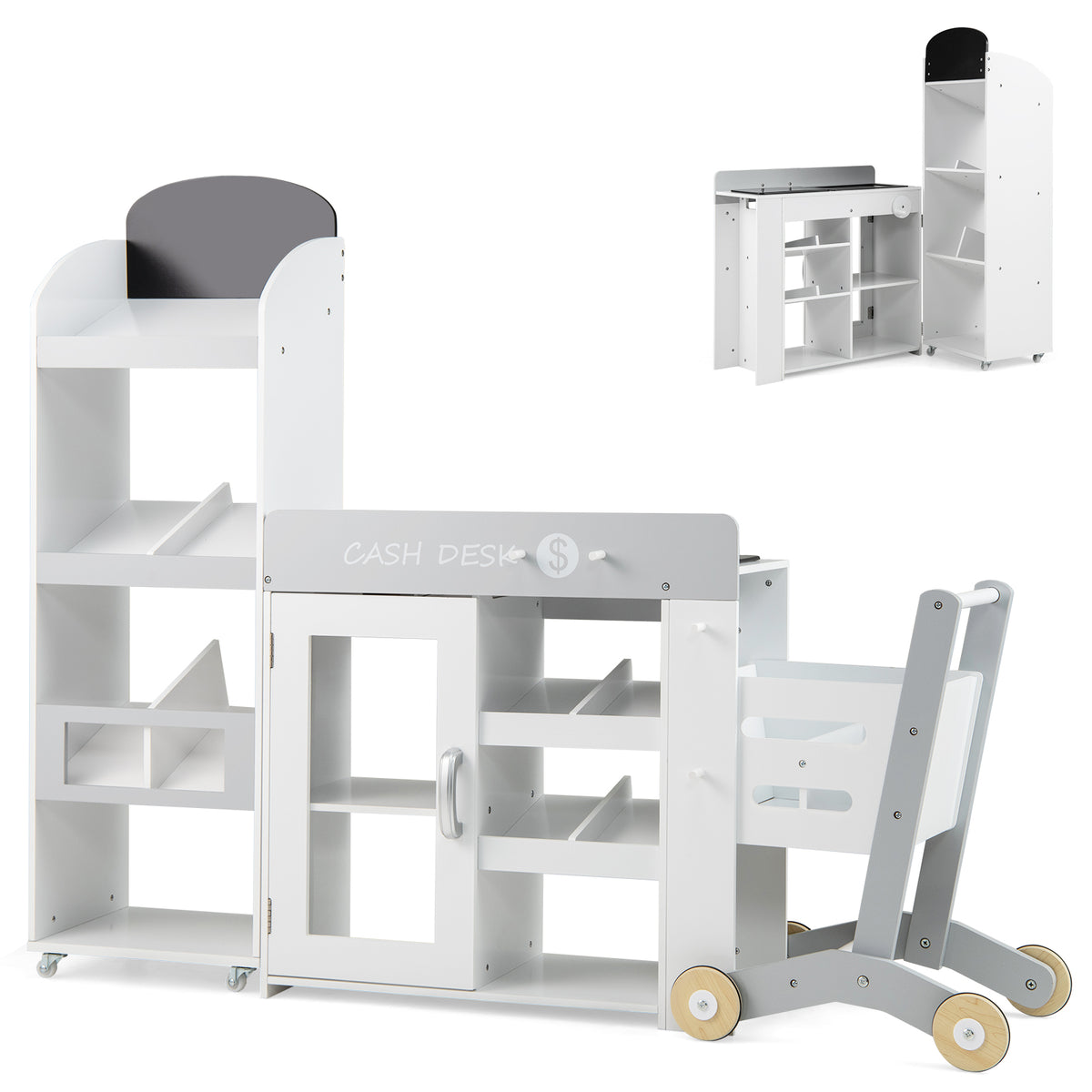 Kids Grocery Store Playset Convertible with Shopping Cart and Movable Checkout Belt-