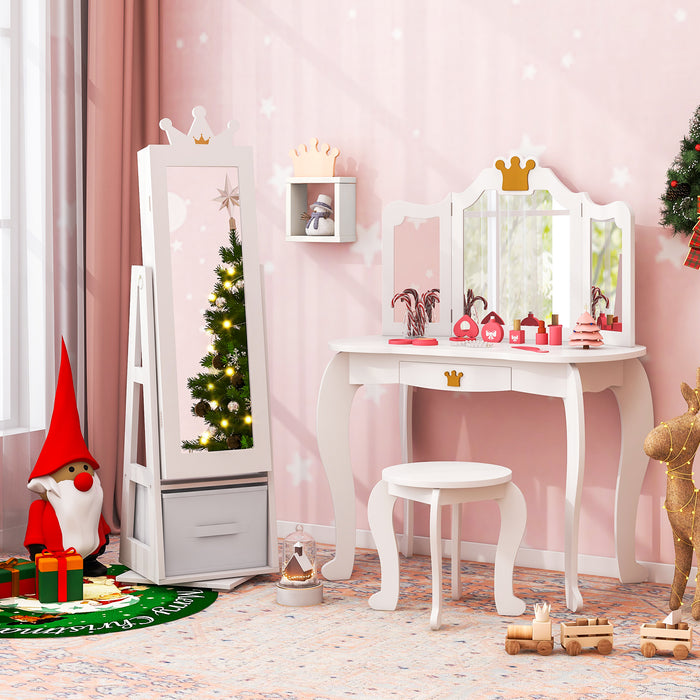 Kids Jewelry Cabinet Standing Jewelry Organizer with Full-Length Mirror-