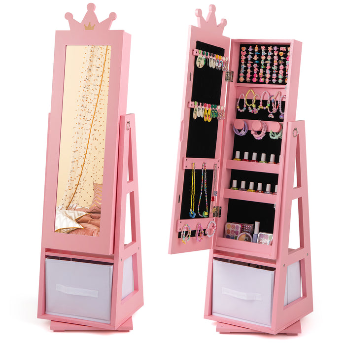 Kids Jewelry Cabinet Standing Jewelry Organizer with Full-Length Mirror-