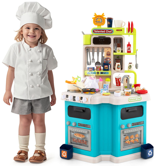 Kids Kitchen Playset Corner Play Kitchen with Realistic Sounds and Lights-Pink
