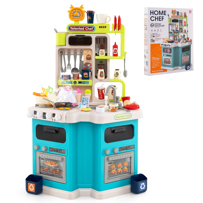 Kids Kitchen Playset Corner Play Kitchen with Realistic Sounds and Lights-Pink