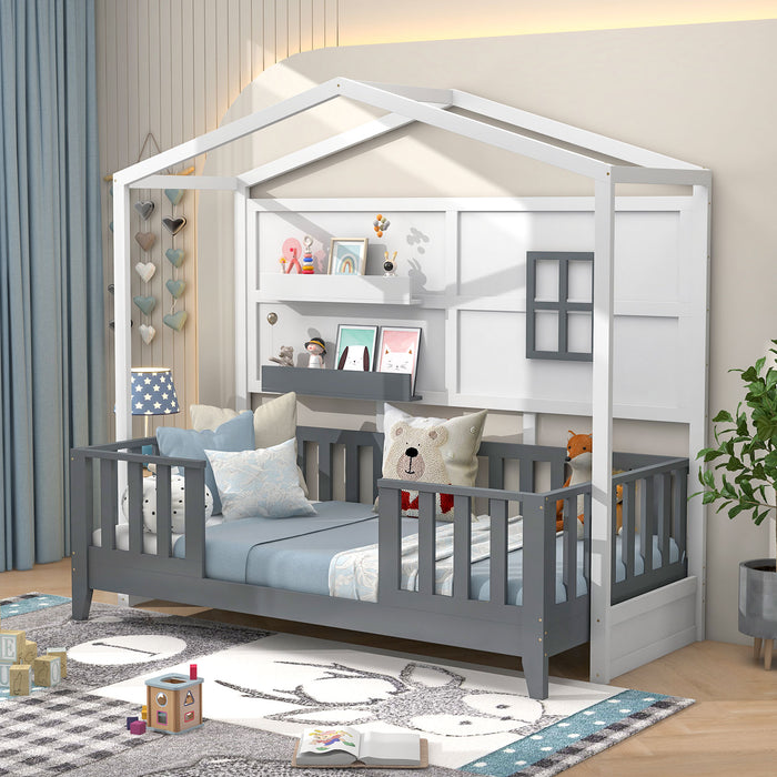 Kids Montessori Wood House Bed Bed with 2 Shelves and Guardrails-Gray & White-