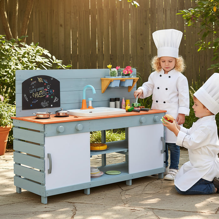 Kids Play Kitchen Set with Chalkboard and Faucet and Sink-