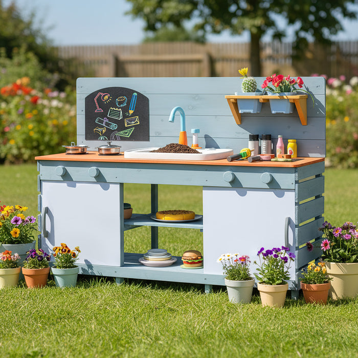 Kids Play Kitchen Set with Chalkboard and Faucet and Sink-