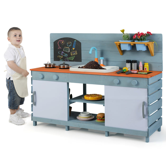 Kids Play Kitchen Set with Chalkboard and Faucet and Sink-