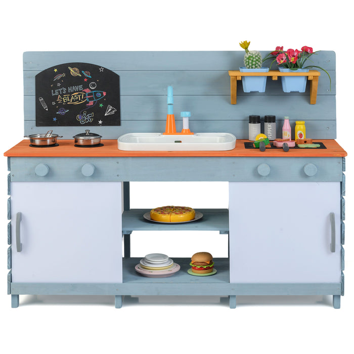Kids Play Kitchen Set with Chalkboard and Faucet and Sink-