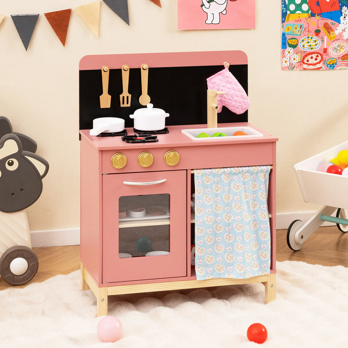 Kids Play Kitchen Set with Door Curtain and Stoves and Apron-