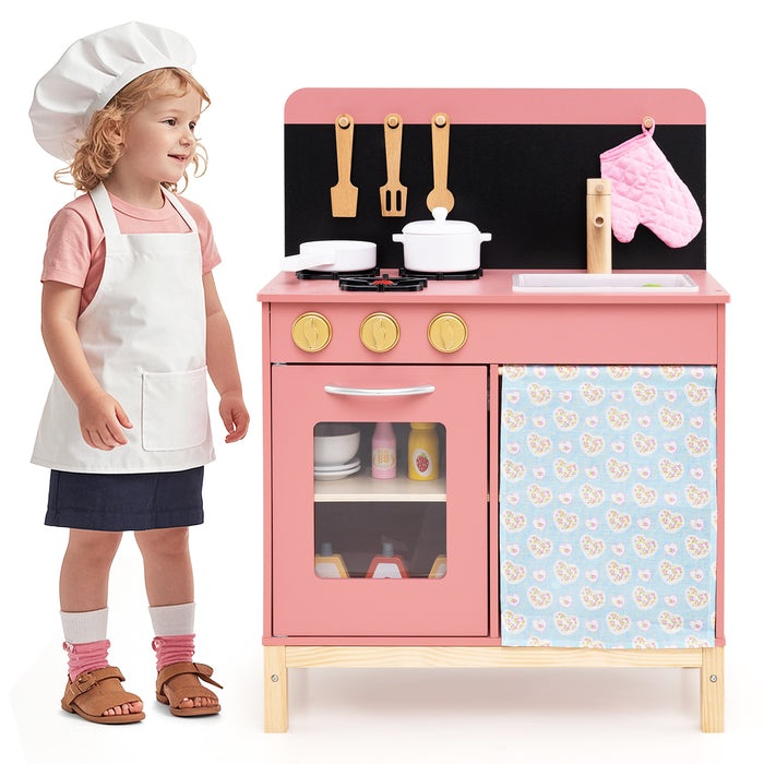 Kids Play Kitchen Set with Door Curtain and Stoves and Apron-