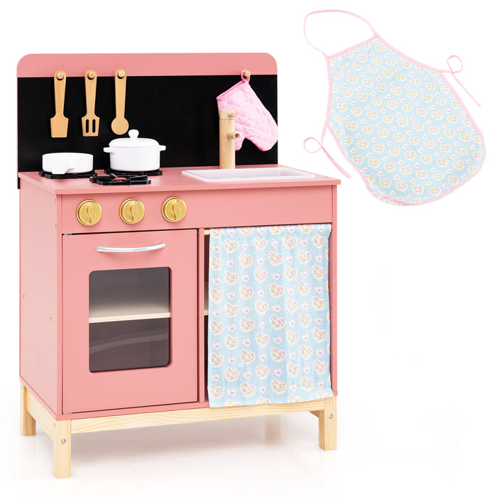 Kids Play Kitchen Set with Door Curtain and Stoves and Apron-