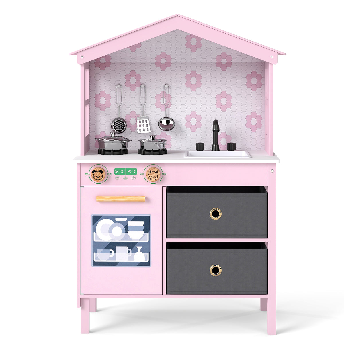 Kids Play Kitchen with 2 Stoves and Drawers and Dishwasher-