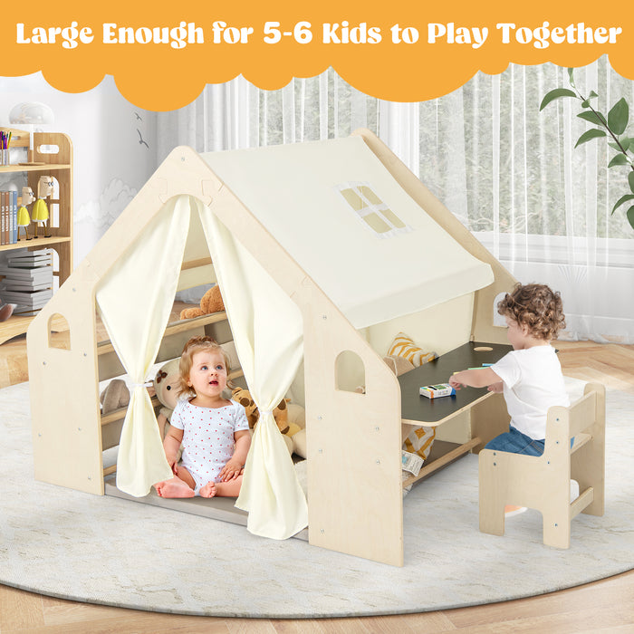 Kids Play Tent Playhouse - 6-in-1 Design with Built-In Blackboard, 6 Storage Bins, and Floor Cushion - Ideal for Imaginative and Creative Play