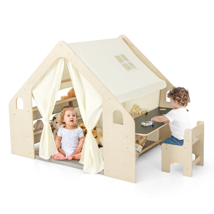 Kids Play Tent Playhouse - 6-in-1 Design with Built-In Blackboard, 6 Storage Bins, and Floor Cushion - Ideal for Imaginative and Creative Play