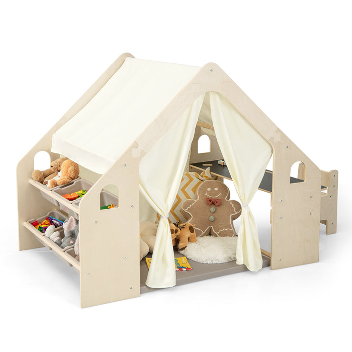 Kids Play Tent Playhouse - 6-in-1 Design with Built-In Blackboard, 6 Storage Bins, and Floor Cushion - Ideal for Imaginative and Creative Play