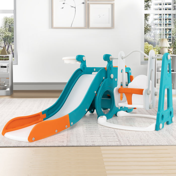 5-in-1 Kids Slide and Swing Set with Baby Swing Mini Bus Crawling Tunnel-