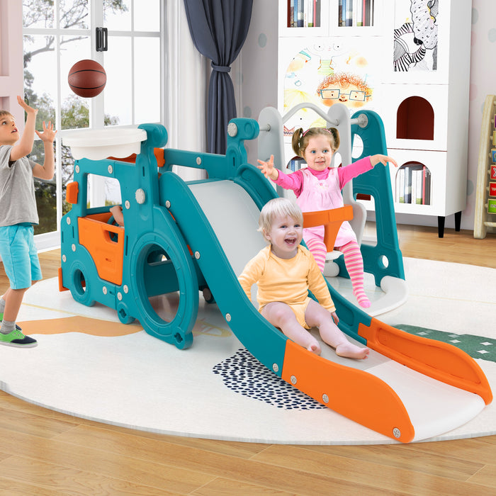 5-in-1 Kids Slide and Swing Set with Baby Swing Mini Bus Crawling Tunnel-
