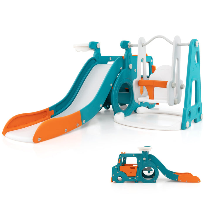 5-in-1 Kids Slide and Swing Set with Baby Swing Mini Bus Crawling Tunnel-