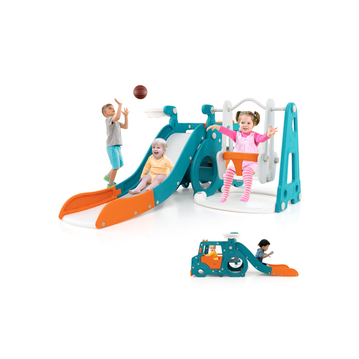 5-in-1 Kids Slide and Swing Set with Baby Swing Mini Bus Crawling Tunnel-