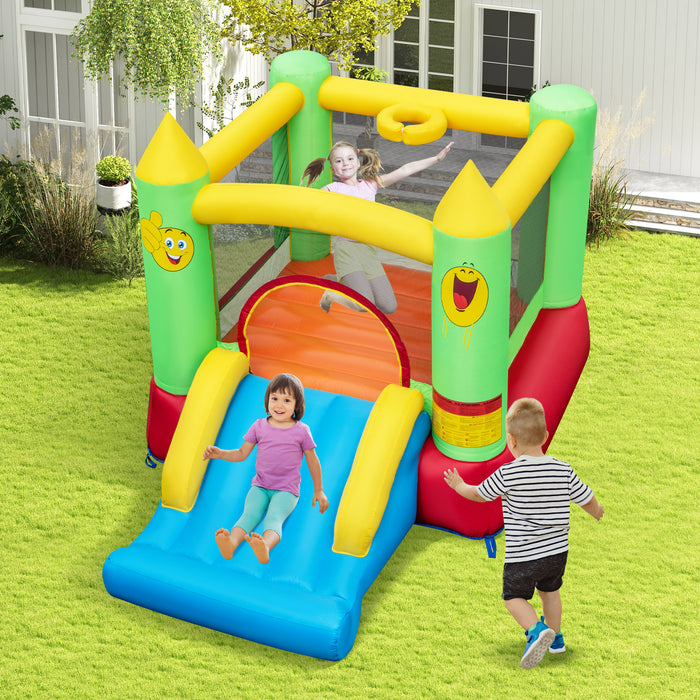 Kids Smiley Face Theme Inflatable Bounce House with Slide and Basketball Hoop (without Blower)