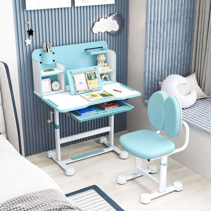 Kid's Study Desk and Chair Set with Tilt Desktop and Footrest Bar-