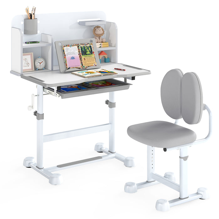 Kid's Study Desk and Chair Set with Tilt Desktop and Footrest Bar-