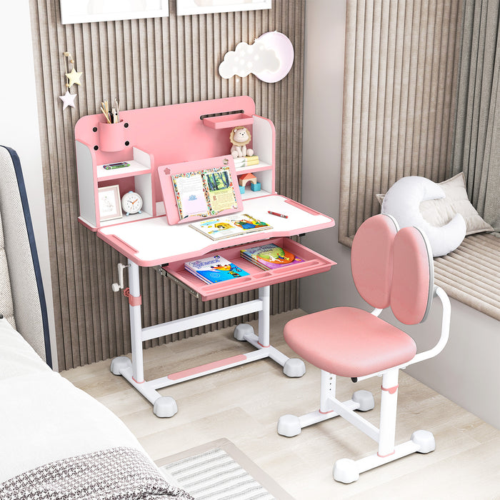 Kid's Study Desk and Chair Set with Tilt Desktop and Footrest Bar-