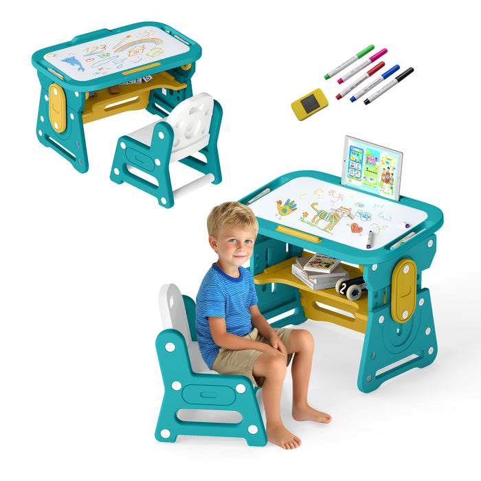 Kids Table and Chair Set with Tiltable Whiteboard and Book Stand-