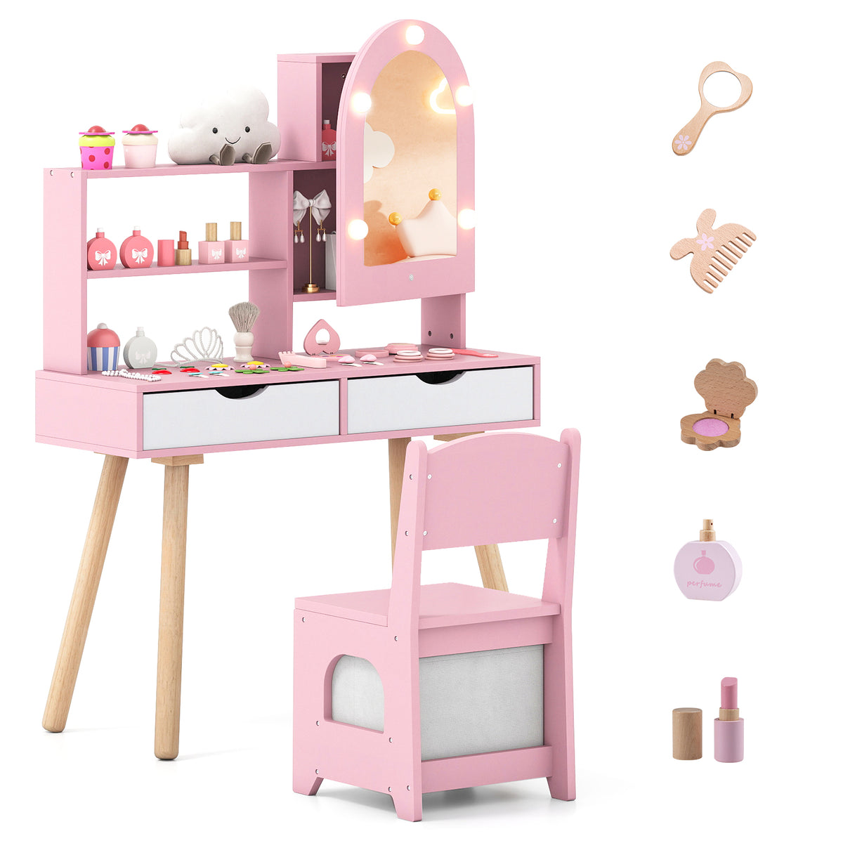 Kids Vanity Set Pretend Play Dressing Table Set with 3-Color Lighting Modes-