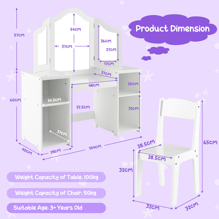 Kids Vanity Set with Tri-Folding Detachable Mirror-