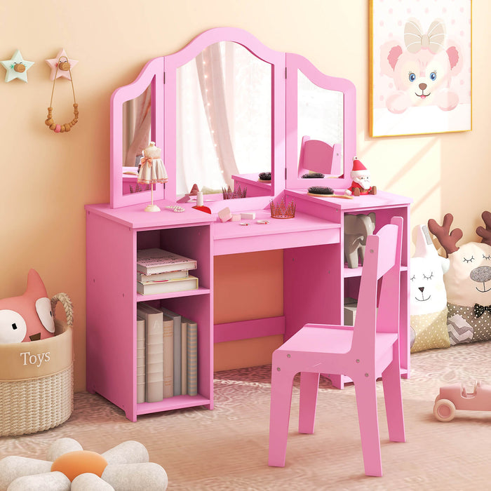 Kids Vanity Set with Tri-Folding Detachable Mirror-