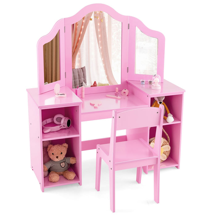 Kids Vanity Set with Tri-Folding Detachable Mirror-