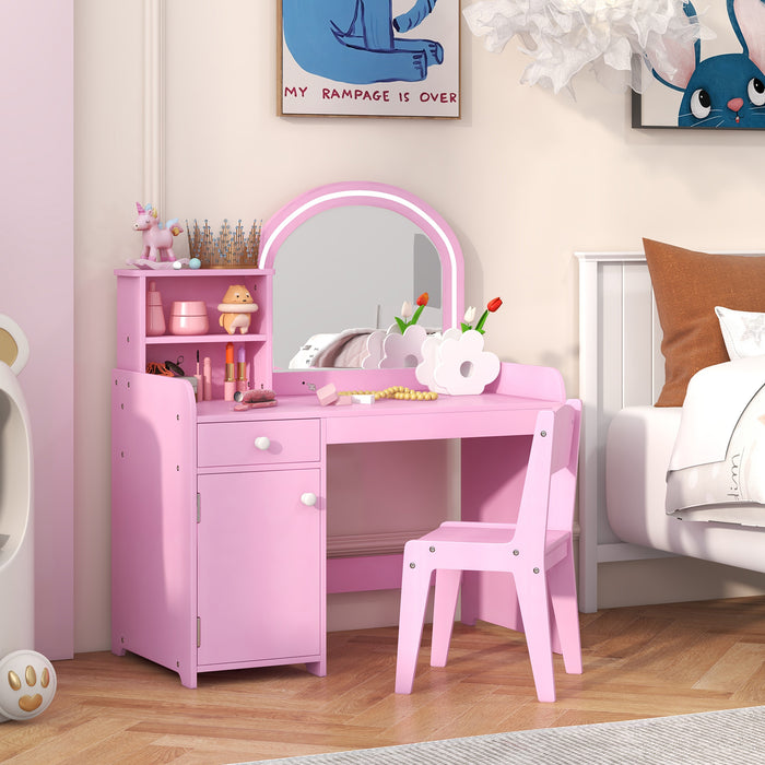 Kids Vanity Table and Chair Set with Shelves Drawer and Cabinet-