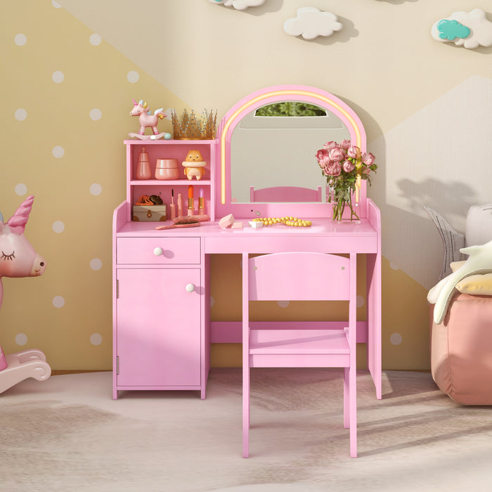 Kids Vanity Table and Chair Set with Shelves Drawer and Cabinet-