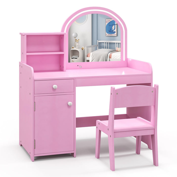 Kids Vanity Table and Chair Set with Shelves Drawer and Cabinet-