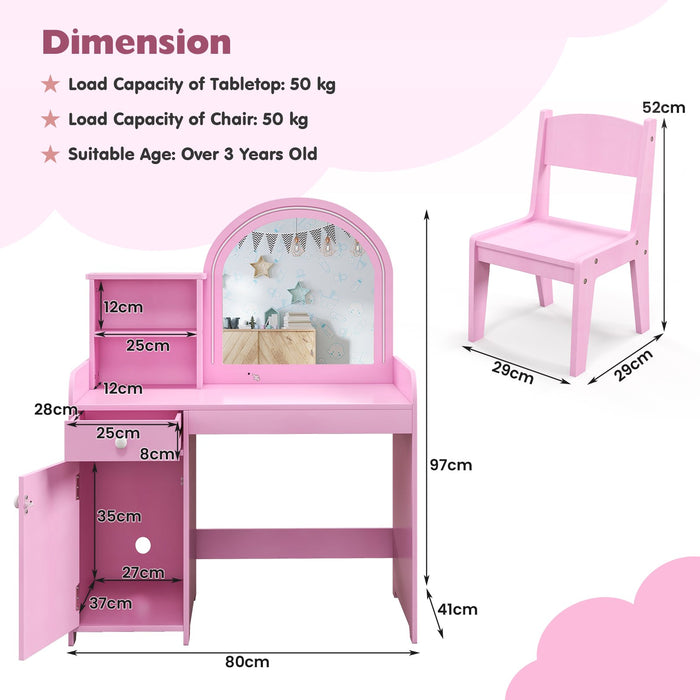 Kids Vanity Table and Chair Set with Shelves Drawer and Cabinet-