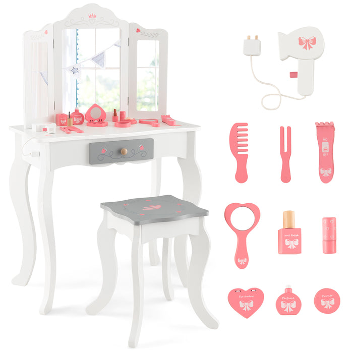 Kids Vanity Table and Stool with Detachable Tri-Fold Mirror and Cute Accessories-
